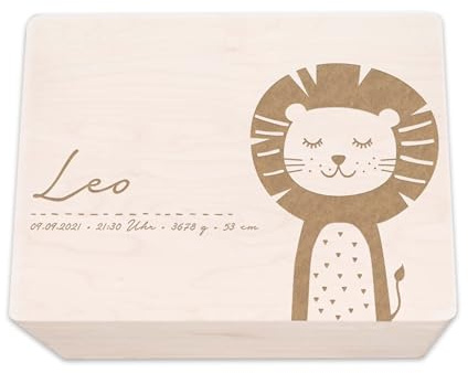hellomini Personalisierte Erinnerungsbox aus Holz • Gravierte Aufbewahrungsbox mit Namen & Geburtsdaten • Geschenk zur Geburt, Taufe & Geburtstag • Hochwertige Baby-Erinnerungskiste (Löwe)