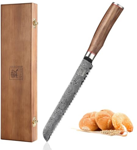 zayiko Kurumi Brotmesser 20 cm aus 67-lagigem Damaststahl mit Wellenschliff | VG10-Kern, 60 ± 2 HRC, Walnussholzgriff und Holzbox, für Brot, Baguette, Brötchen sowie Ananas und Melonen mit harter Schale