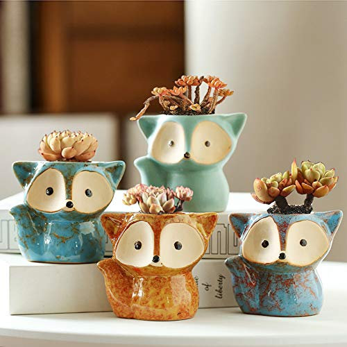 LinaLife 8,4 cm Fuchs Sukkulenten Pflanzentöpfe mit Bambus-Tablett, Bürodekoration, Pflanztöpfe, Set mit 4 Keramik-Sukkulentententöpfen, Fuchsförmiger Blumentopf, bunter Bonsai-Übertopf