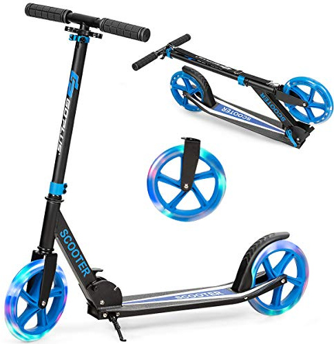 GYMAX 2 Wheel Kick Scooter, Foldable Scooters with Adjustable Height & Light Wheel, Stunt Sport Scooter for Kids Teens or Adult (Blue)