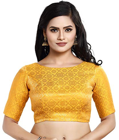 Madhu Fashion Women's Traditional Rich Banaras Brocade Readymade Saree Blouse (38, Yellow)