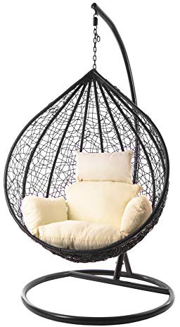 KIDEO Komplettset: großer Hängesessel mit Gestell & Kissen, Korbsessel, Poly-Rattan (Korb & Gestell: schwarz, Kissen: Elfenbein Nest (0050_Ivory))