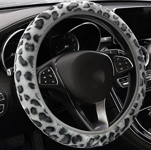 3 Stück Universal Auto Lenkradbezug,Winter Warme Leopard Plüsch Anti-Rutsch Lenkradhüllen Lenkradabdeckung Lenkrad Abdeckung Lenkradschoner für Frauen,Lenkrad Autozubehör für Damen,37-38cm Grau