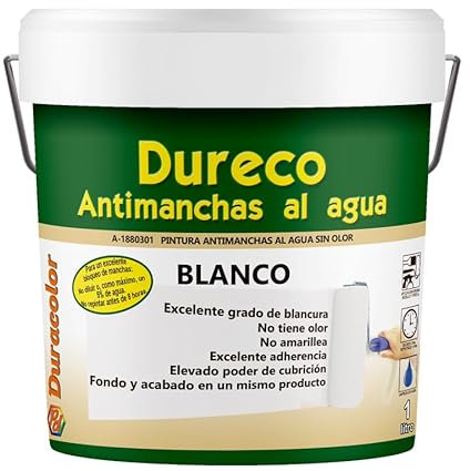Pintura Dureco Antimanchas al Agua Sin Olor - Color Blanco - 1 Litro - Apto Para Superficies de Mampostería - Resistencia a los Álcalis (Sales) - No Amarillea - Fácil Limpieza - Duracolor