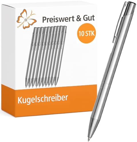 10 STK Kugelschreiber Silber Aluminium mit Druckknopf blauer Mine Clip | Kuli Set mit blauer Großraummine und Clip, 13,7 cm lang und 11 g leicht, als Schreibstifte für Büro und Schule