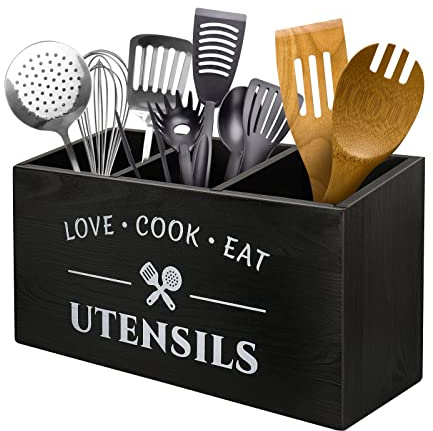 MINCORD Kitchen Utensil Holder with 3 Compartments, Rustic Wooden Storage Organizer Box Vintage Cutlery Farmhouse Flatware Utensil Caddy Countertop for Silverware Fork Spoon Spatula