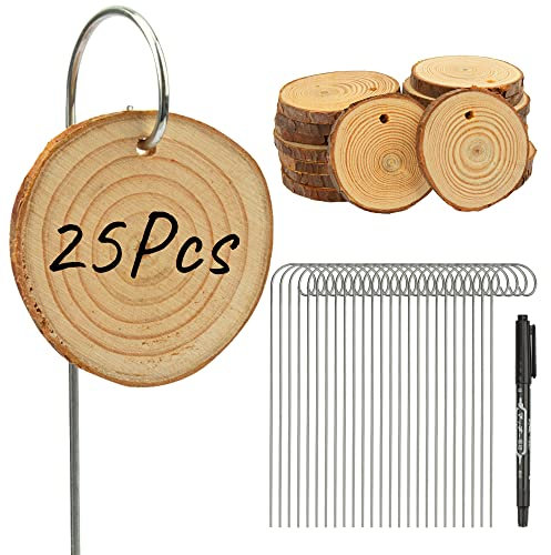 Temlum Wooden Plant Labels, 25 Pcs Plant Tags with Stake & Marker Pen, Garden Labels Plant Sign Tags for Flowers, Herbs, Potted Plants, Seed Garden Accessories