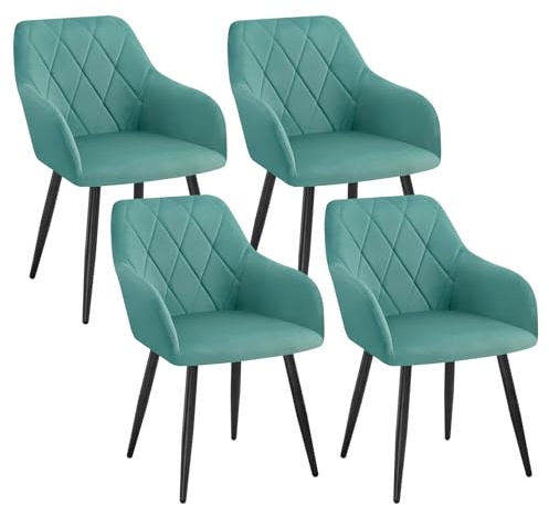 WOLTU 4er Set Esszimmerstühle mit Armlehne Rückenlehne, für Esszimmer Wohnzimmer Küche, Bequeme Küchenstühle gepolstert mit Samtbezug, Metallbeinen, Türkis