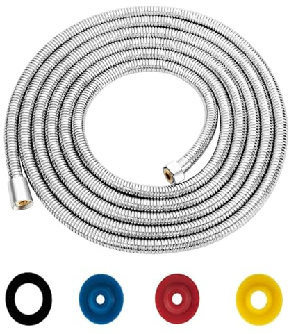 Manguera de Ducha 5M/197IN Flexo Ducha de Acero Inoxidable Plata Tubo Ducha, Cable Ducha G1/2 con 4 Limitadores de Flujo Economizadores se Adapta a Todos los Cabezales de Ducha(Conector de Latón)
