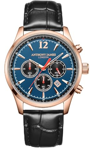 Anthony James automatiska klassiska armbandsur män - rostfritt stål rygg, analog, läderrem, kronograf, handmonterad, vatten- och repbeständig herrklocka - 5 års garanti, Rosenblå, Klassisk