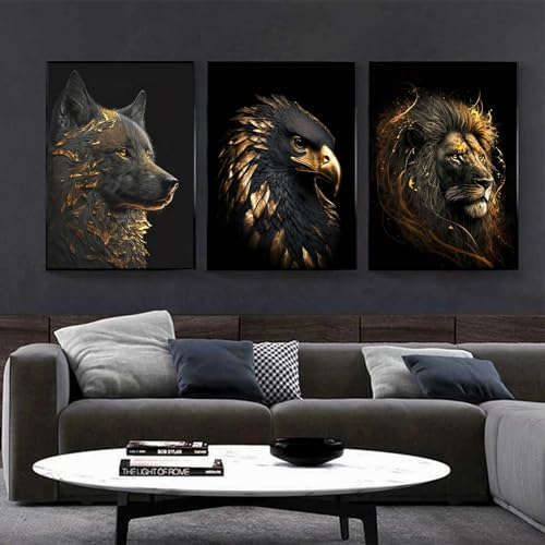 LXTOPN Wilde Löwe Bilder Schwarz und Gold Tier Bild auf Leinwand,Moderne Wolf und Adler Bilder Drucke Wohnzimmer Poster Wandbild Dekor kein Rahmen. (HJSZ1, 3 * 70x90cm)