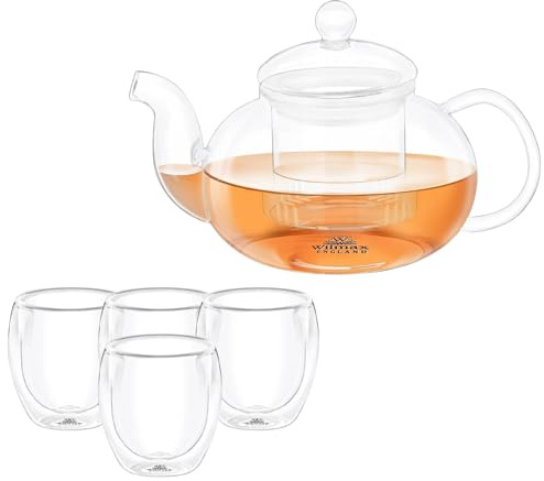 Wilmax - Tetera de 1,2 l con 4 vasos térmicos de 250 ml en juego, tetera con filtro para té suelto, jarra de cristal para flores de té, jarra con tapa y colador de cristal, apta para lavavajillas, sin