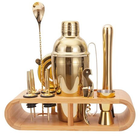 JNWINOG 12Pcs-Cocktail Shaker Set Stainless Steel Bartending Kit 18.6oz Cocktail Bar Set Cocktail Mix Drink Making Kit Professional Bar and Home Drink Bar Tools for Bartender(Gold, 12Pcs)