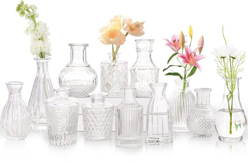 KOIUEYW Glass Bud Vases Set of 12, Vintage Small Vases for Flowers, Clear Crystal Mini Glasses in Bulk, Small Flower Design for Centerpieces Wedding Decorations Home Flower Party Decor