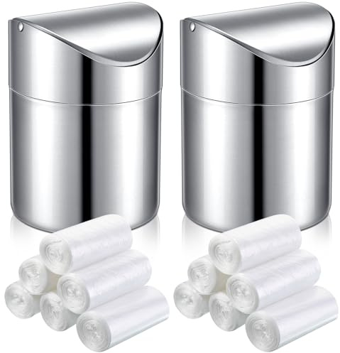 Yiyiring 2 Pcs Desk Trash Can with Swing Lids, 12 Rolls of Trash Bags, 2L Brushed Stainless Steel Countertop Garbage Bin Small Wastebasket with Lid for Office Desk, Coffee Table(Silver)
