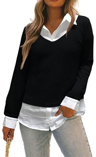 Oyamiki Bluse Schwarz Damen mit Langarmshirt Weissem Hemdkragen Und -Manschetten Loose Sweatshirt Lässige T-Shirts XL