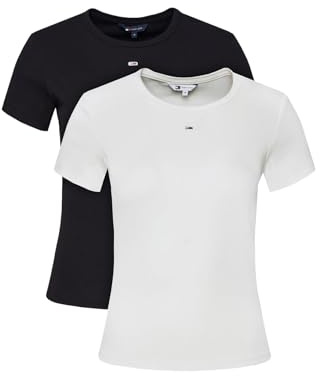 Tommy Jeans Donna T-Shirt Maniche Corte Confezione da 2 Essential Rib Slim Fit, Bianco (Ecru/Black), XS
