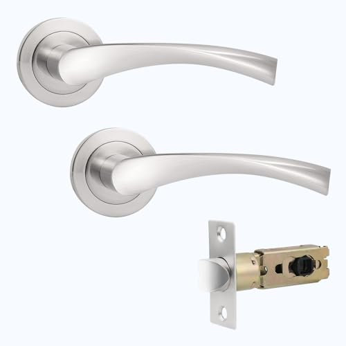 Probrico Satin Nickel Round Rose Door Handles,Twisted Lever Internal Door Handles Set with Ajustbale Latch(45mm/57mm),Passage Handles Ideal for Interal Doors,2 Pack