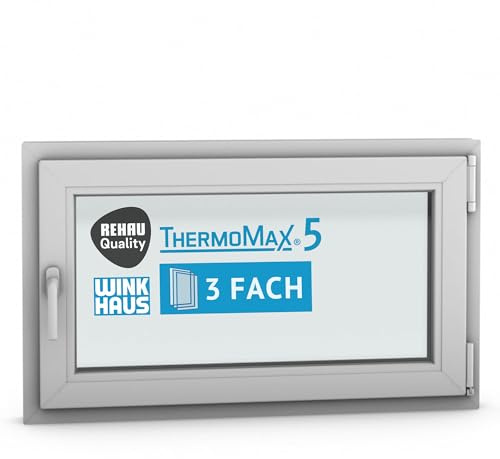 ThermoMax 5 Classic Kunststoff-Fenster, Uw-Wert 1,2, BxH: 100x60cm / 1000x600mm, DIN rechts (Griff links), mit 3-fach Wärme-Isolier-Verglasung, Winkhaus Sicherheitssystem & Rehau Profil