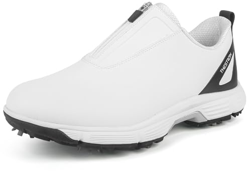 ZHENSI Golfskor Herr Professionella Spikes Vattentäta Golfskor Slip-On med dragkedja Bekväma sneakers Stor storlek,White,43 EU