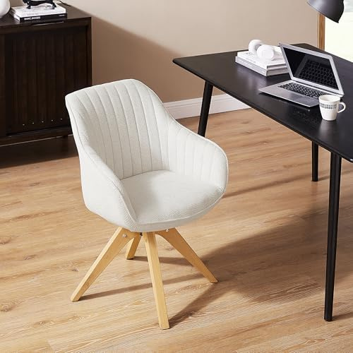 Zouron Dinning Chair 360 Swivel with Oak Woodlegs - with Soft White Cotton Fiber, Mid Century Modern Accent Vanity Hocker for Home Office/Living Room/Bedroom/Dressing Table/Dinning Room