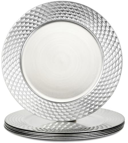 Kazozobi 13 Silver Metallic Foil Charger Plates, Round Plastic Server Ware Chargers for Dinner Plates, Decorative Table Setting Bulk Event, Party, Wedding, 6 Pack
