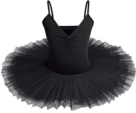 IWEMEK Ballet Tutu Dress Girls Swan Lake Ballet Dance Dress V Neck Sleeveless Spaghetti Strap Skating Gymnastics Children Dancewear Fairy Swan Dance Performance Ballroom Dresses Black 11-12 Years
