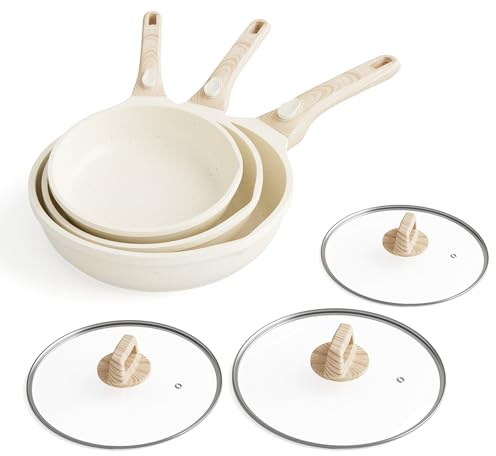 RIOVARM Induktionsstekpanna, set med avtagbara handtag, non-stick stekpannor med lock, 20 cm, 24 cm, 28 cm, PFOA-fri, porslinsset för alla typer av spisar, diskmaskin och