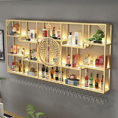 AKOGG Porte-Bouteilles Mural avec Éclairage LED,Étagère À Vin Murale,Casier À Bouteilles Et Porte-Verres Suspendu,Range Bouteille Idéal pour Cuisine,Bar,Cave À Vin(180cm(70.8in))