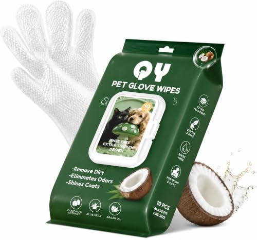 QingYa 10-Pack Pet Cleaning Glove Wipes with Lid | Extra Thick Dog & Cat Grooming Gloves | Rinse-Free Bath Wipes with Coconut, Aloe, Corn & Jojoba for Odor Control & Daily Care