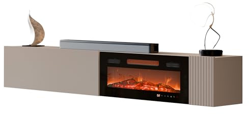 Mirjan24 TV-Lowboard Cholon EF mit Elektrokamin (Cashmere) | Hängender TV-Schrank mit geriffelter MDF-Front und elektrischem Kamin mit Heizfunktion, Fernbedienung und LED-Flamme