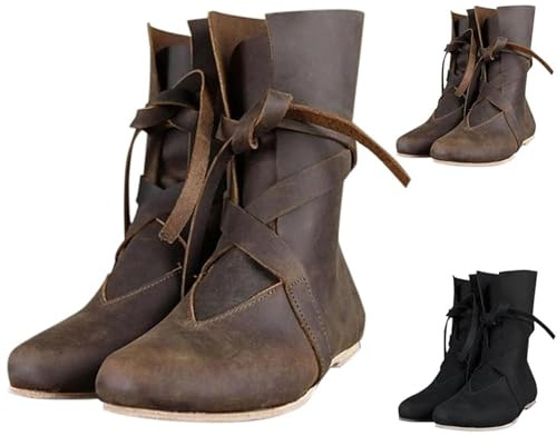 Stivali Medievali da Uomo e Donna, in Pelle PU Retro Cowboy per Cosplay, Stivali Morbidi e Comodi in Pelle per Tempo Libero, Stivali Bassi e Mezzi Stivali Estivi Morbidi e Comodi con Lacci in Pelle