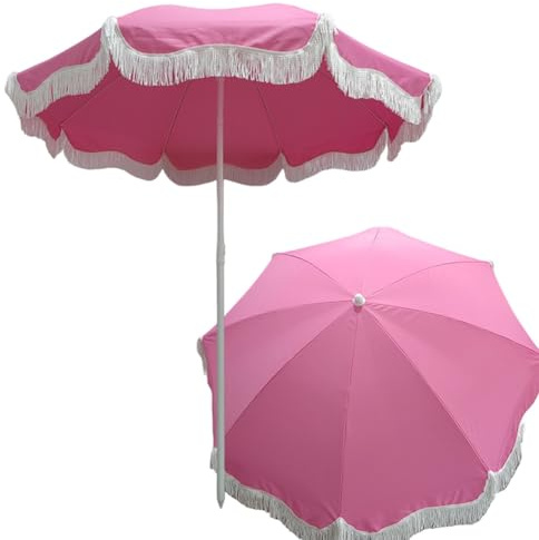 Parasol de plage avec franges - Rose - Parasol réglable - Parasol de piscine UV 50+ - Parasol de table d'extérieur pour jardin - Protection solaire élégante