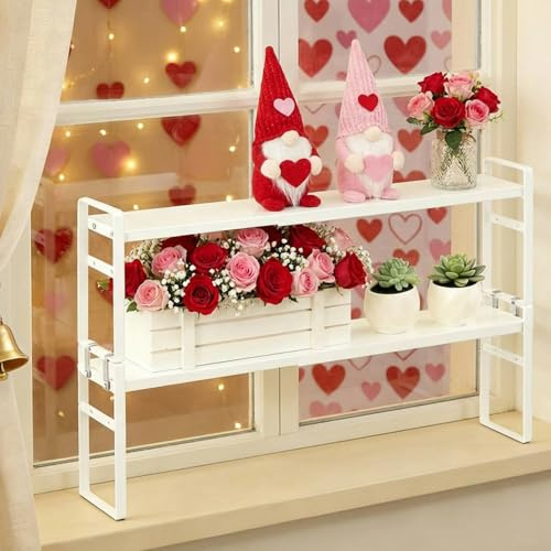 BrightRow 2 Pcs Expandable Window Sill Plant Shelf, 13.7 x 3.5 x 7.28 Inches, Stackable Narrow over The Sink Shelf, Adjustable Height Metal Window Sill Extender Shelves for Kitchen Bathroom (White)