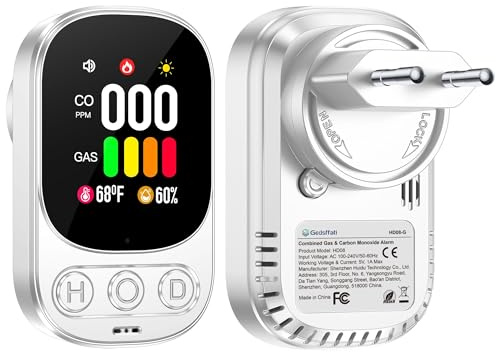 Gedsffati Rilevatore di Gas e Monossido di Carbonio con Spina per Casa, Allarme di CO, Rivelatore di Gas Combustibile per Gas Naturale LPG Metano Propano Butano, Bianco, HD08-G
