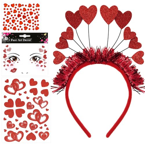 exatta Valentinstag Amor Kostüme Accessoires Für Karneval Party | Das Set beinhaltet Herz Haarreif Rot, Rot Glitzersteine Gesicht, Herz Sticker Klebetattoos