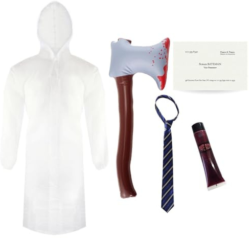 Erwachsenen-Psycho-Kostüm – Standard – transparenter Regenmantel, Krawatte, aufblasbare Axt, Visitenkarte und Kunstblut – Herren Psycho Patrick Bateman American TV Film Charakter Halloween Kostüm