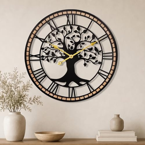 Blissio Wanduhr Groß aus Metall,Baumdesign mit Römischen Ziffern,60 x 60 cm | Wanduhr Lautlos,5 cm Wandabstand,Aufhängung Hinten,mit Montagezubehör und Ersatzzeiger