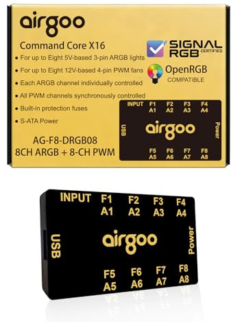 Airgoo Command Core X16, controller ARGB magnetico a 8 canali e hub ventola PWM a 8 canali 2 in 1, illuminazione PC compatta alimentata SATA e hub ventola per case Mid-Tower, compatibile con SignalRGB