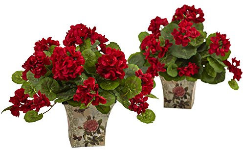 NearlyNatural Fast Natur 6832-s2 27,9 cm Geranien Blumen Seide mit floralem Pflanzgefäß (Set von 2)