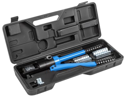 HÖGERT TECHNIK Prensa de cables hidráulica 16-300 mm², fuerza de sujeción de 10 toneladas, juego de crimpado (11 tamaños), para cables de cobre y aluminio, cabezal giratorio, maletín