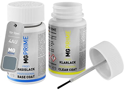 MG PRIME Autolack Lackstift für Opel 4AU / 163 Lichtsilber Metallic +1K | Gris Eclair Metallic, Set aus Basislack + Klarlack, Lackfläschchen mit Pinsel, je 50ml