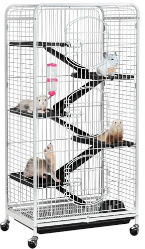 Yaheetech Gabbia per Coniglio Nano da Interno Esterno a 5 Ripiani Animali Domestici Grande in Metallo con 4 Rotelle Orientabili 64 x 43 x 131 cm Bianca
