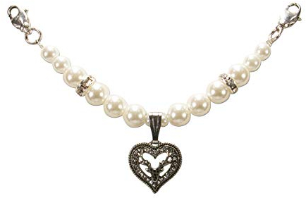 Alpenflüstern Dirndl-Mini-Charivari Trachtenherz Hisch - Hochwertiger Damen-Trachtenschmuck mit Perlen und Trachtenherz Hirsch, Dirndlkette für die Tracht, Creme-weiß DCH041