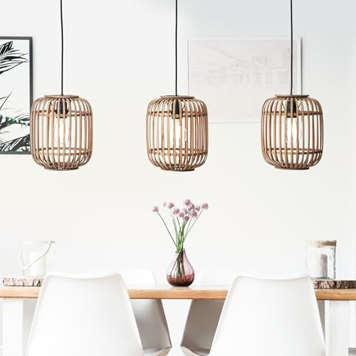 3 flammige Hängelampe - Pendelleuchte im Nature-Style - Hängeleuchte ist in | 3 flammige Hängelampe - Pendelleuchte im Nature-Style - Hängeleuchte ist in der Höhe kürzbar - Metall/Rattan Hellbraun - 1m