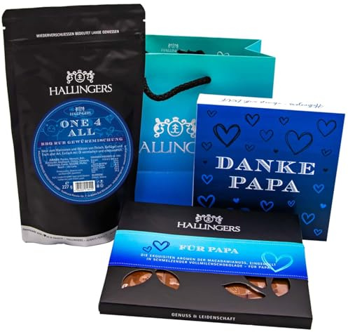 Hallingers Genuss Manufaktur Feinkost Vatertagsgeschenk-Set - XL-Geschenkkorb Vatertag Bag blue großes Mitbringsel Schokoladen-Tafel, 9er-Pralinen & Gewürze-Rub, Geschenkidee für Papa Opa