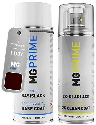 MG PRIME Autolack Spraydose für Volkswagen LD3Y / D3Y / 5P Crimson Red. +2K | für Volkswagen VW, Crimson Red Metallic, Set aus Basislack + 2K Klarlack, Sprühdosen 400ml