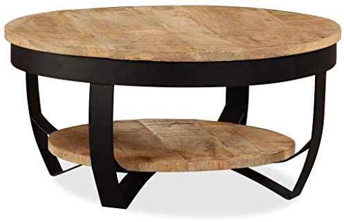 Tidyard Couchtisch rund, Wohnzimmertisch, Sofatisch, Kaffeetisch, Industrie-Design, Raues Mangoholz Massiv 65 x 32 cm