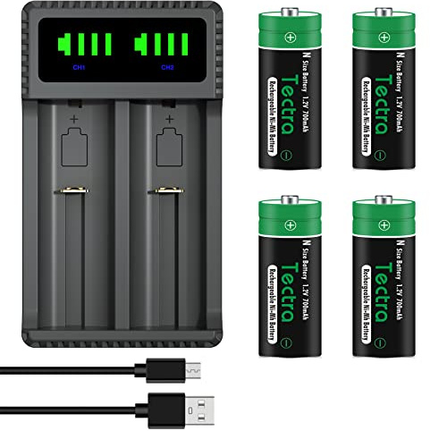 DuraPro 4X Akku N(E90/LR1) Size Batteries + LED USB Ladegerät für LR1, LR01, 4901, 4001, MX9100, 910A, E90