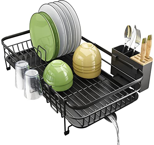 SAYZH Escurridor De Platos, Escurridor De Platos Extensible (32,5 cm-54,6 cm) con Soporte para Utensilios, Portavasos, Estante De Secado De Platos para Mostrador De Cocina, Negro